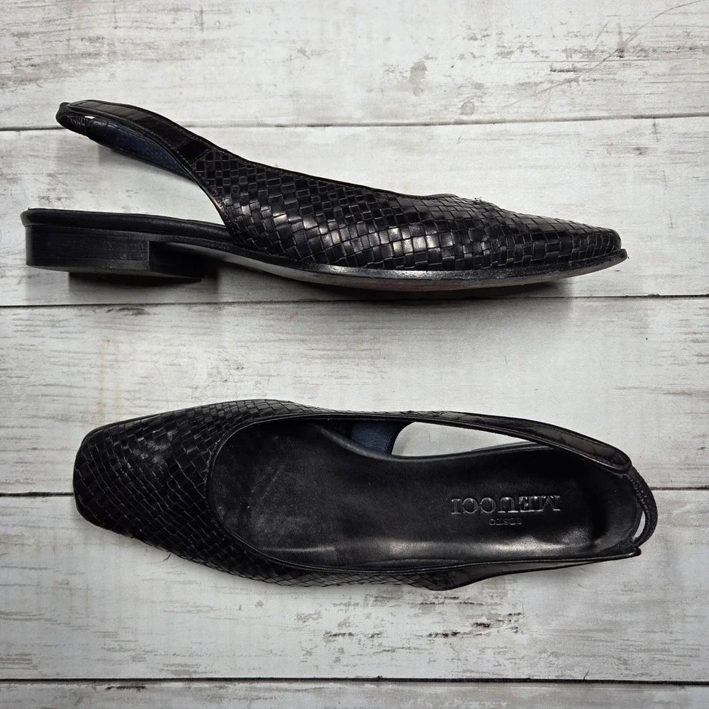 Sesto Meucci Woven Leather Slingback Flats Square Toe Womens 7.5 M Black Italy